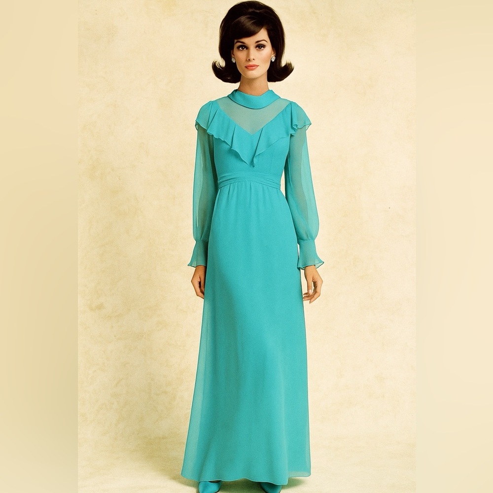 1960s Blue Silk Chiffon Ruffle Maxi Dress